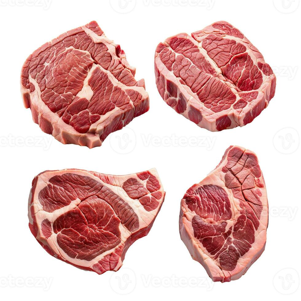 AI generated set of different raw beef steaks with an astonishing level of detail photo