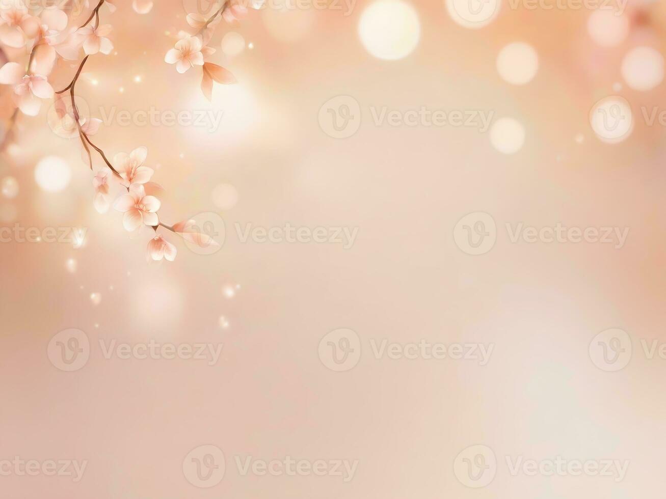 AI generated Cherry blossom or Sakura flower on blurred bokeh background in trendy Peach Fuzz color. Elegant backdrop for holiday banners, posters, cards photo