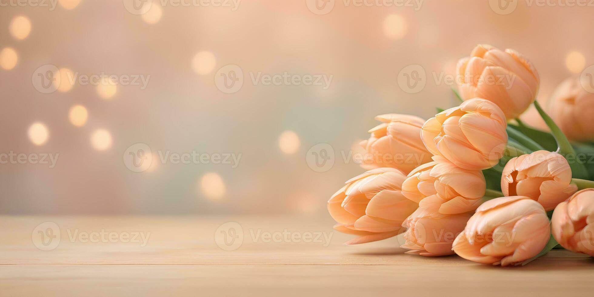 AI generated Bouquet of tulips on blurred bokeh background in trendy Peach Fuzz color. Elegant backdrop for holiday banners, posters, cards photo