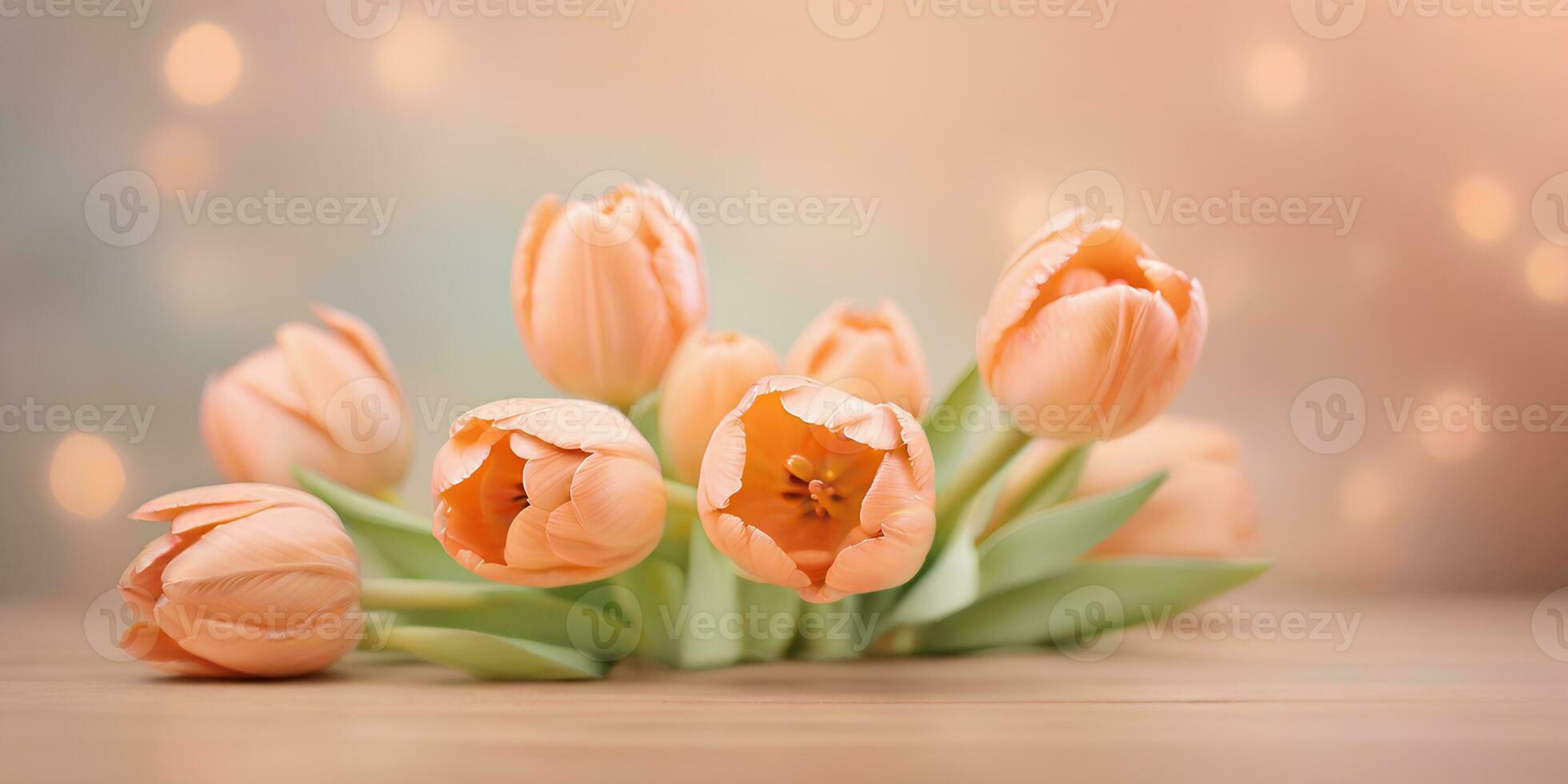 AI generated Bouquet of tulips on blurred bokeh background in trendy Peach Fuzz color. Elegant backdrop for holiday banners, posters, cards photo