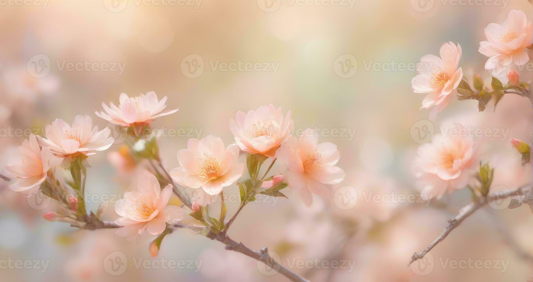 AI generated Cherry blossom or Sakura flower on blurred bokeh background in trendy Peach Fuzz color. Elegant backdrop for holiday banners, posters, cards photo