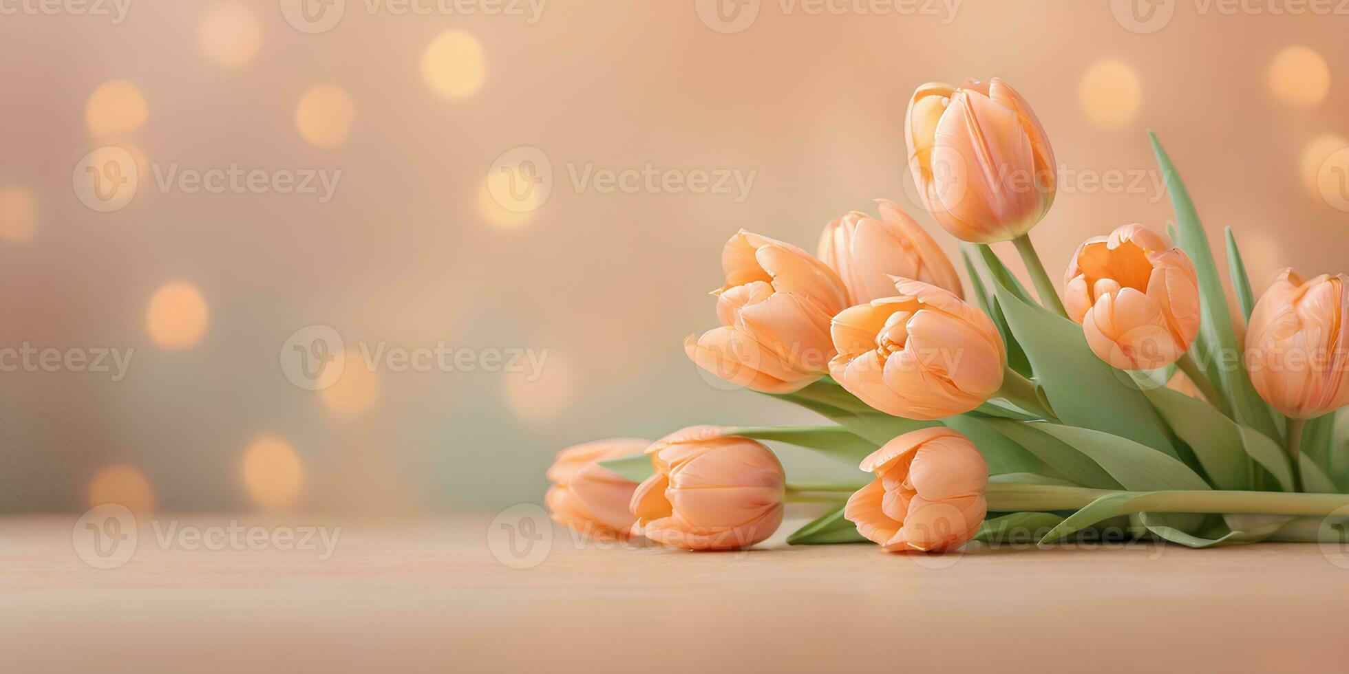 AI generated Bouquet of tulips on blurred bokeh background in trendy Peach Fuzz color. Elegant backdrop for holiday banners, posters, cards photo
