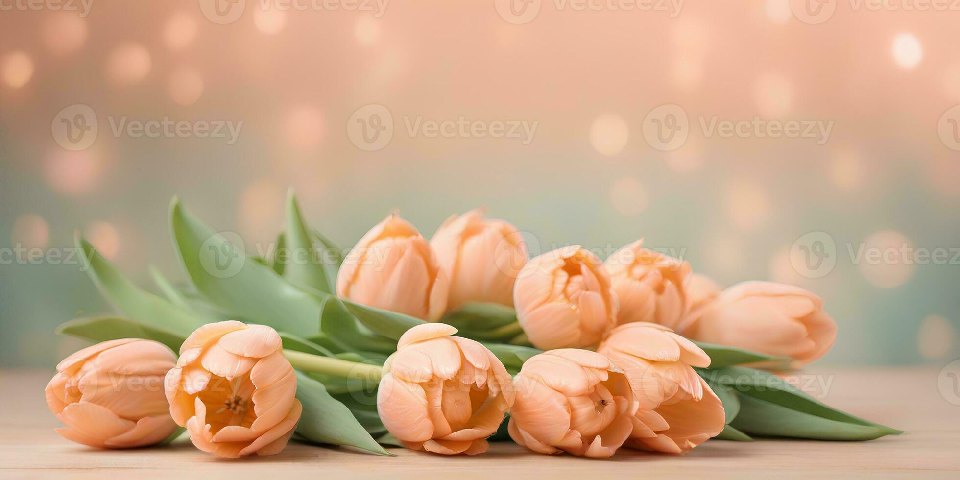 AI generated Bouquet of tulips on blurred bokeh background in trendy Peach Fuzz color. Elegant backdrop for holiday banners, posters, cards photo