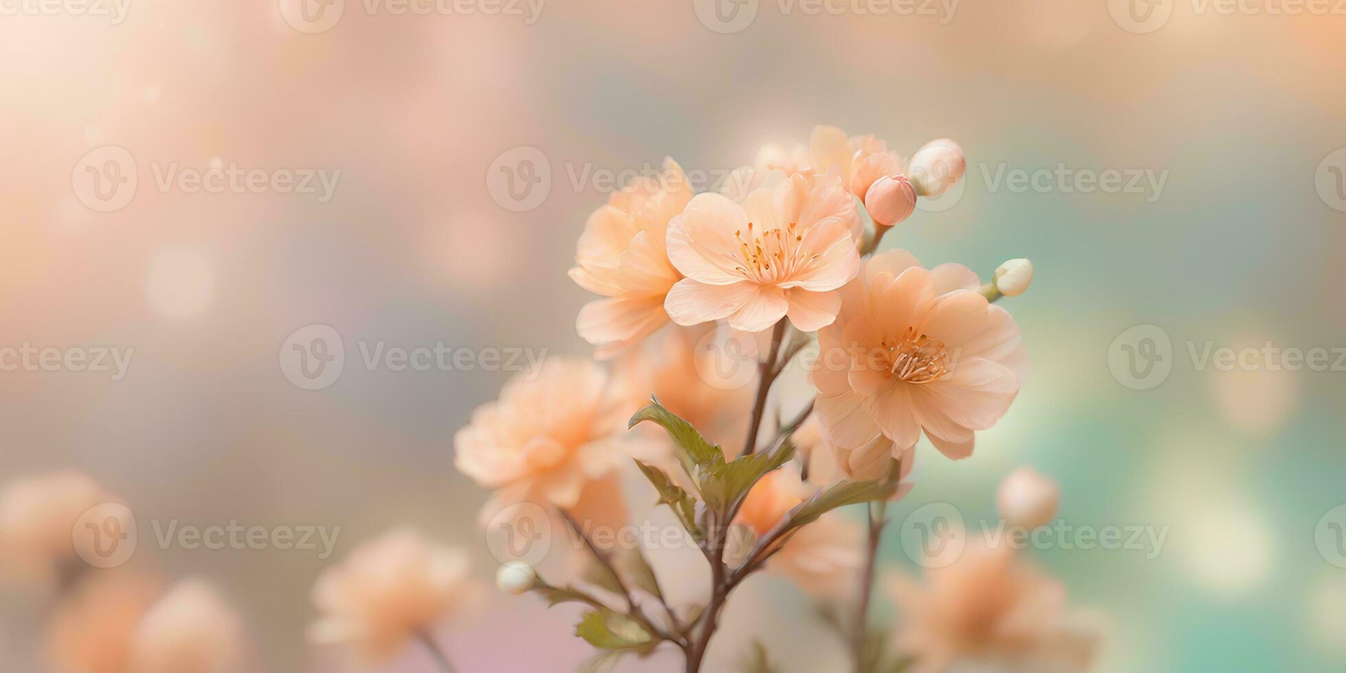 AI generated Cherry blossom or Sakura flower on blurred bokeh background in trendy Peach Fuzz color. Elegant backdrop for holiday banners, posters, cards photo