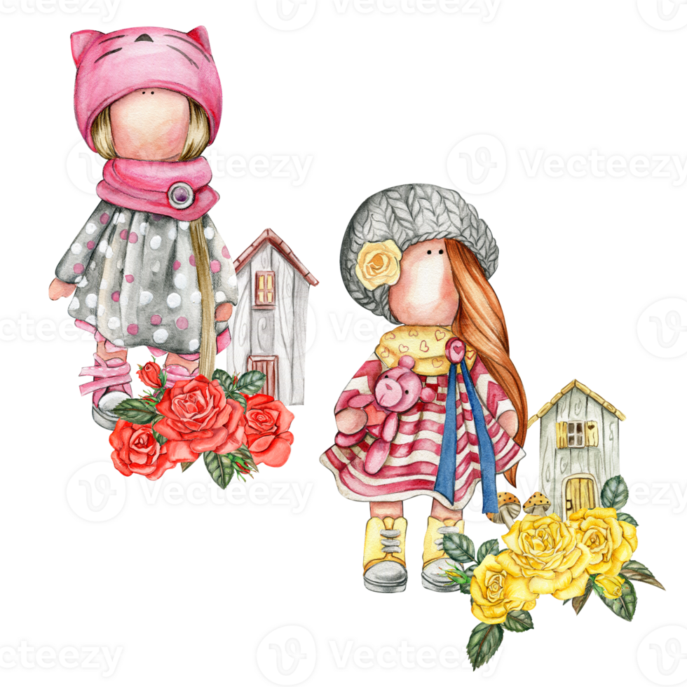 Composition of doll Tilda in dress and dahlia flowers. png