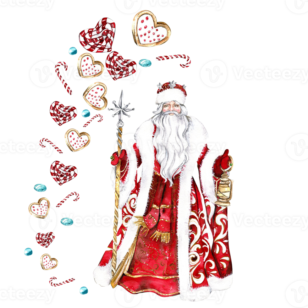 Composition for Christmas Santa in a red coat and cookies. png