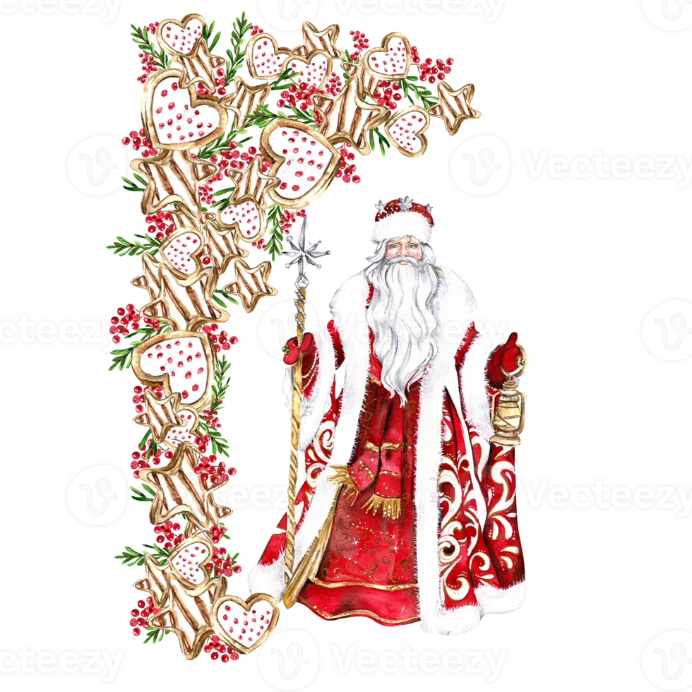 Composition for Christmas Santa in a red coat and cookies. png