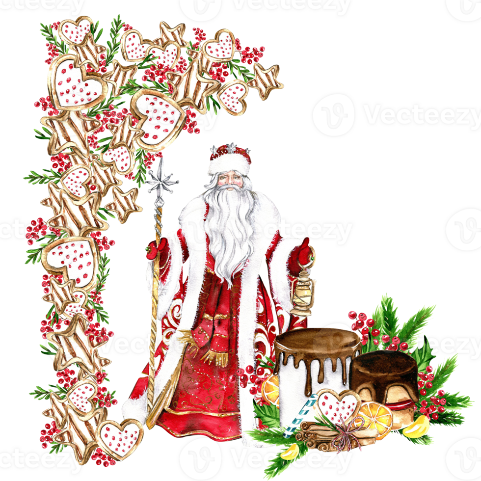 Composition for Christmas Santa in a red coat and cookies. png