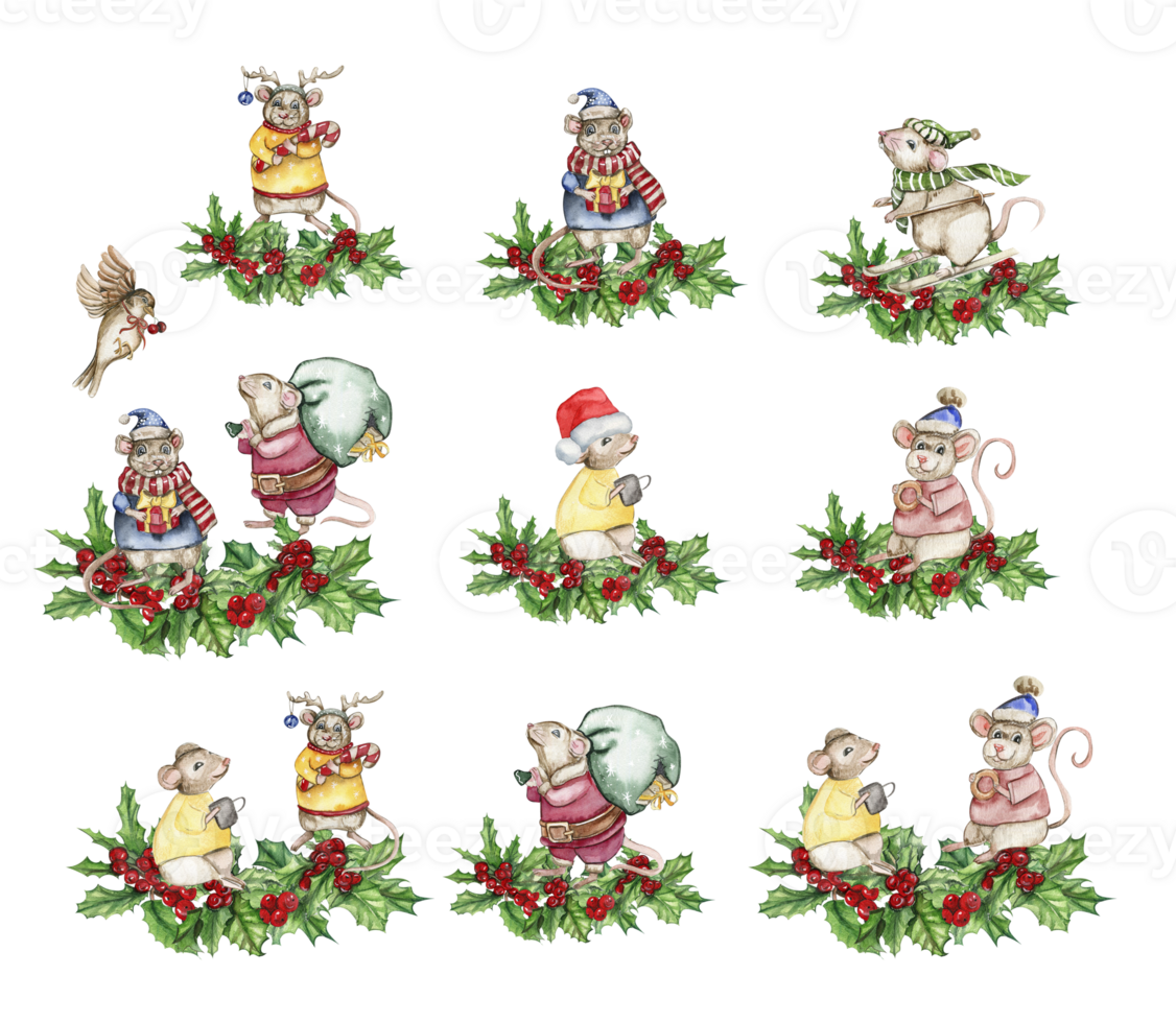Christmas composition with mice in cartoon style set. png