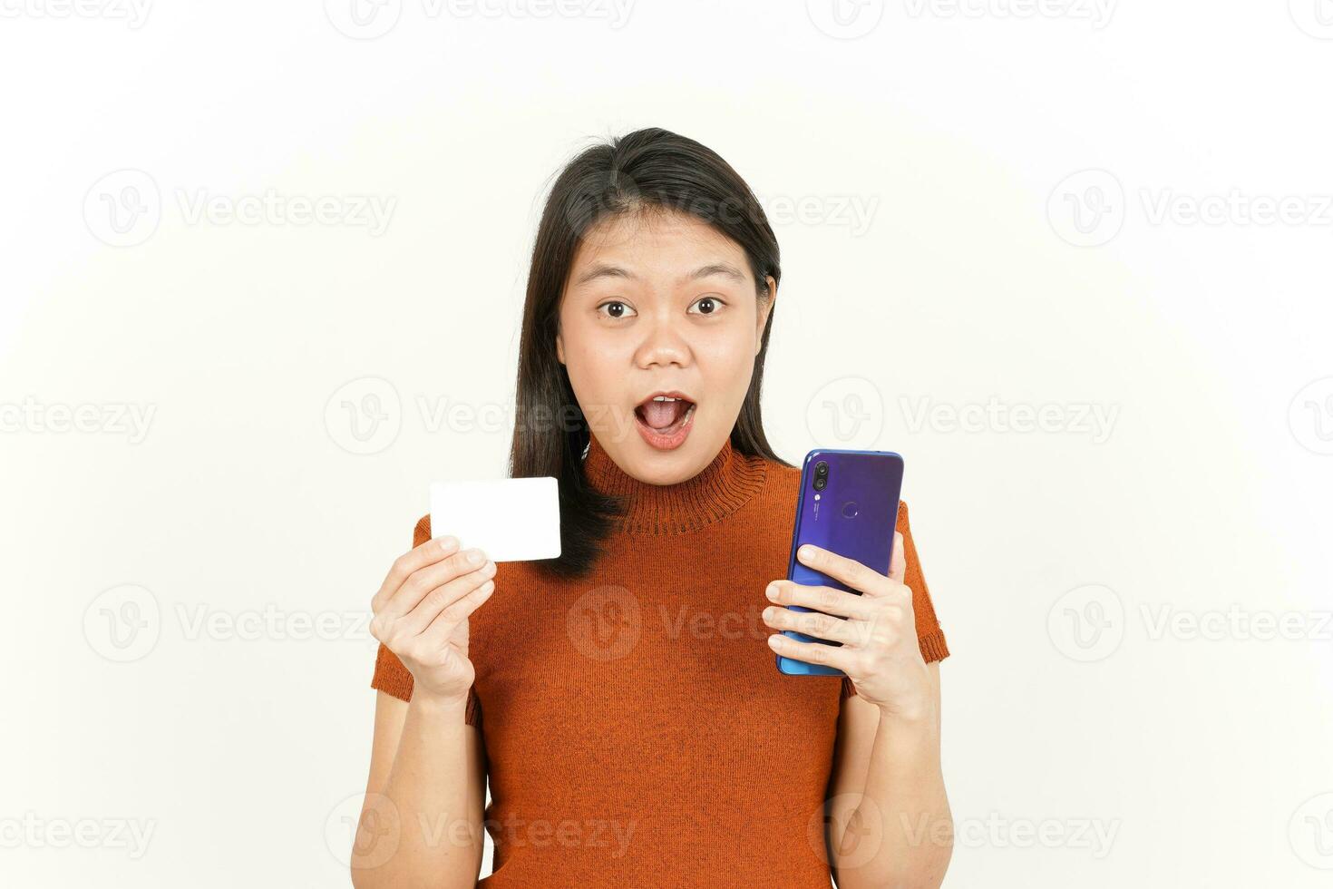 Holding Smartphone and Blank Bank Card or Credit Card Of Beautiful Asian Woman Isolated On White photo