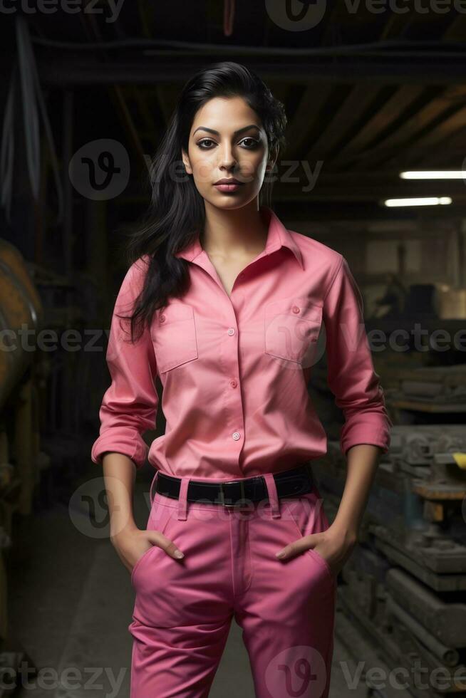 AI generated The image portrays a woman dressed in pink business attire, standing in a workshop or industrial setting. photo