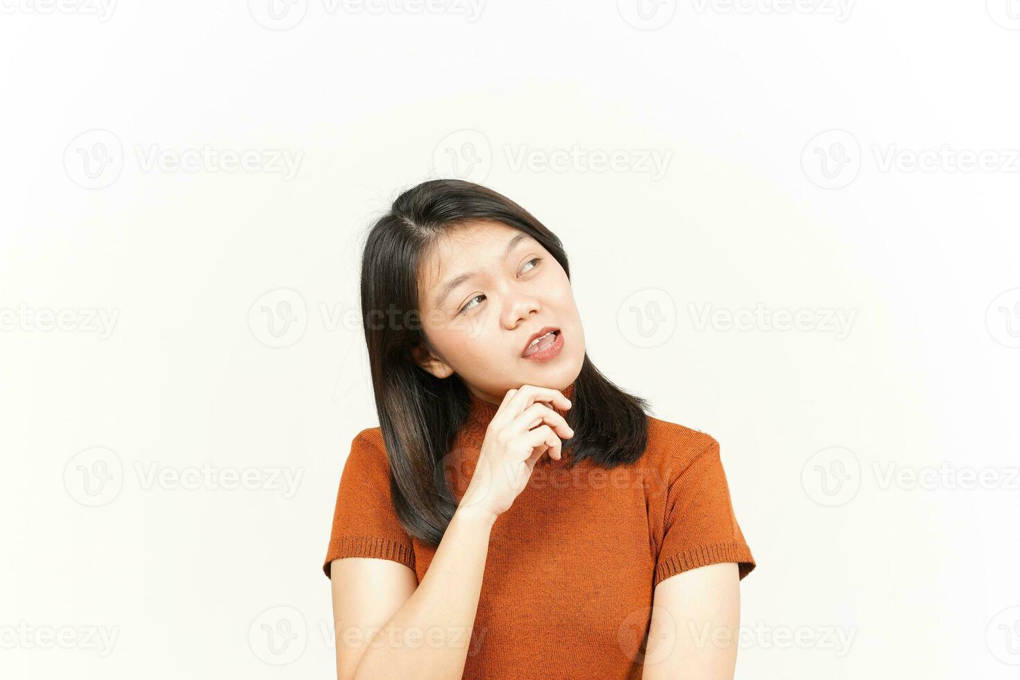 Thinking Gesture Of Beautiful Asian Woman Isolated On White Background photo