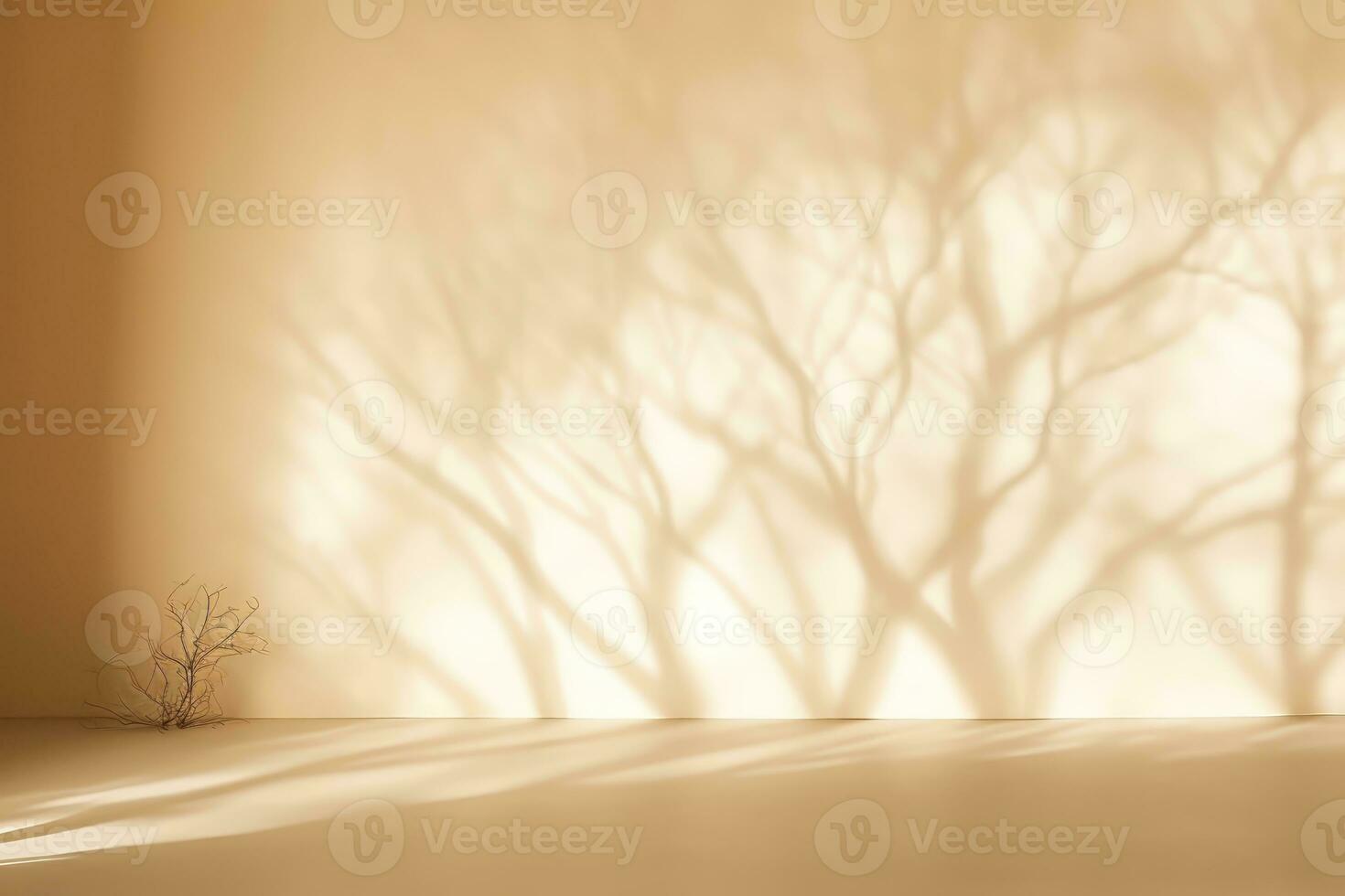 AI generated Light beige studio background with blurred shadow from tree branches on the wall. Minimalistic abstract studio background for product presentations photo