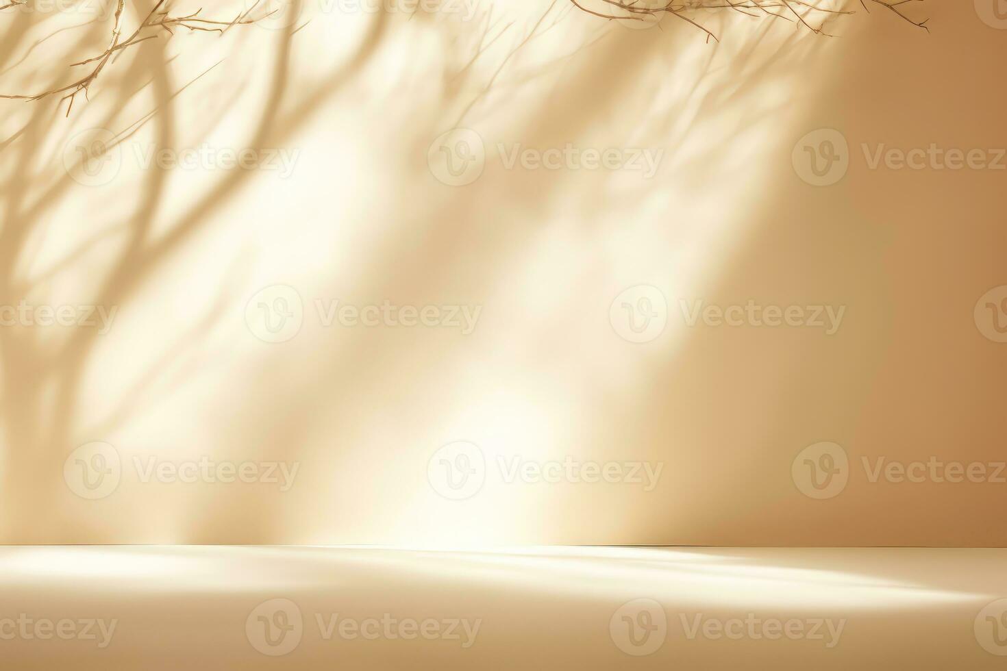 AI generated Light beige studio background with blurred shadow from tree branches on the wall. Minimalistic abstract studio background for product presentations photo