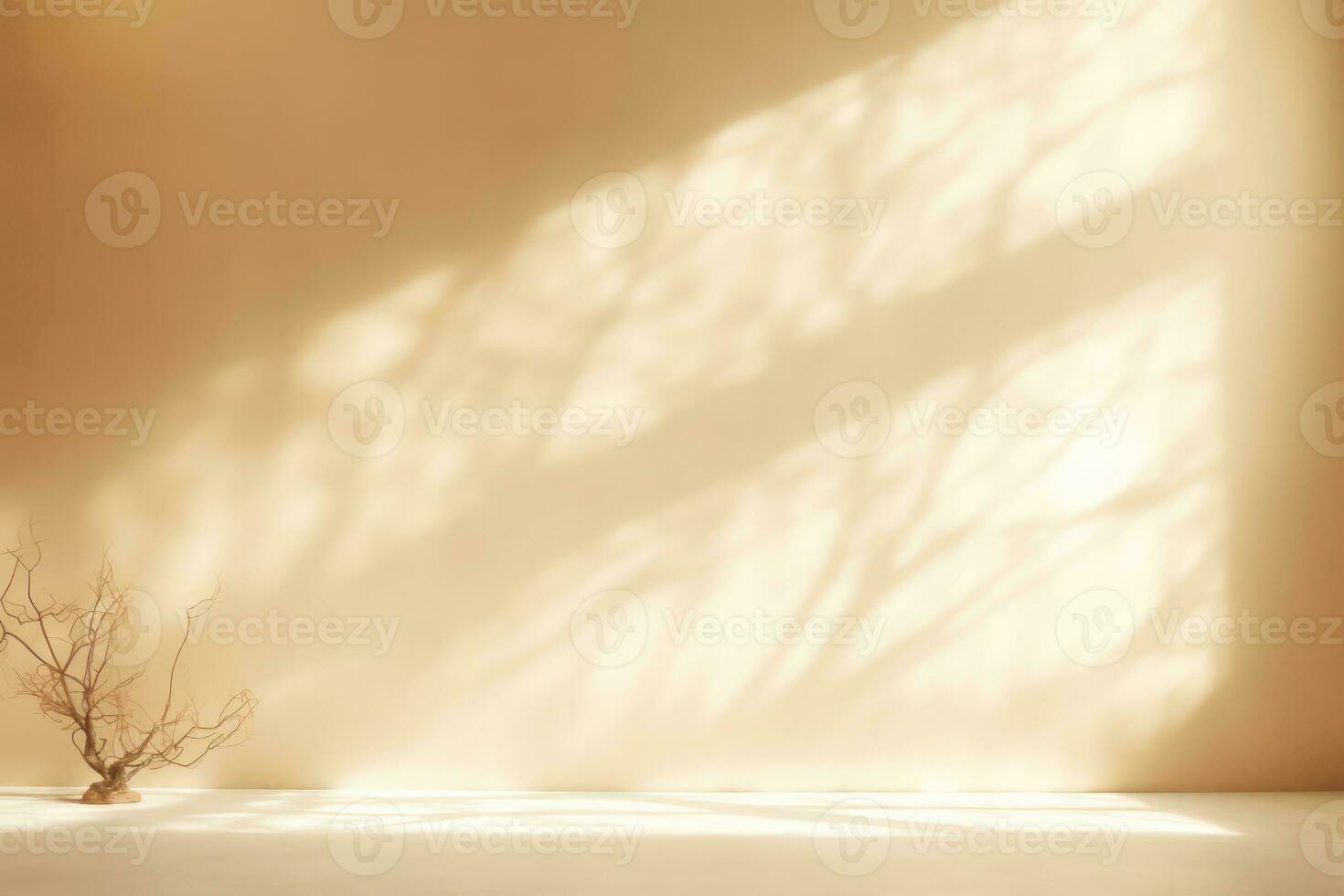 AI generated Light beige studio background with blurred shadow from tree branches on the wall. Minimalistic abstract studio background for product presentations photo