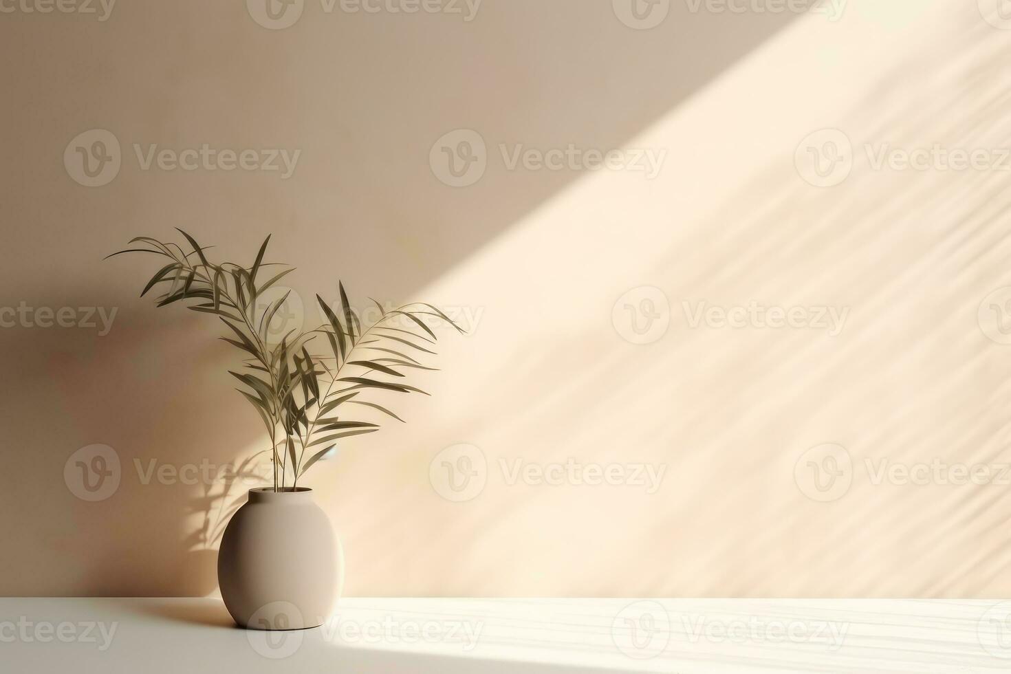 ai generado ligero beige estudio antecedentes con un planta de casa en un florero en el piso. rayos de el Dom en el pared. minimalista resumen estudio antecedentes para producto presentaciones foto