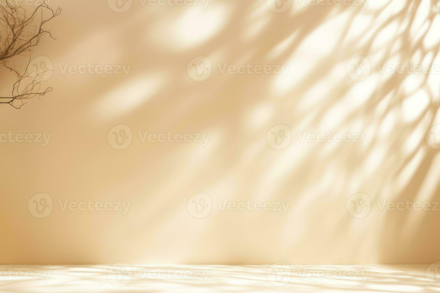 AI generated Light beige studio background with blurred shadow from tree branches on the wall. Minimalistic abstract studio background for product presentations photo