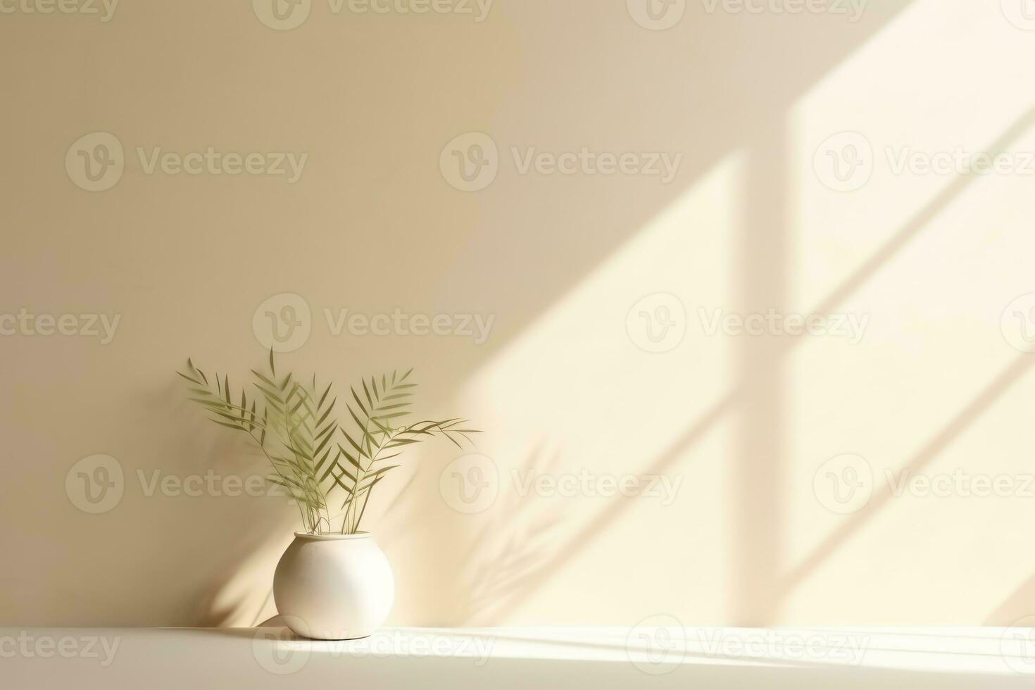 AI generated Light beige studio background with a houseplant in a vase on the floor. Rays of the sun on the wall. Minimalistic abstract studio background for product presentations photo