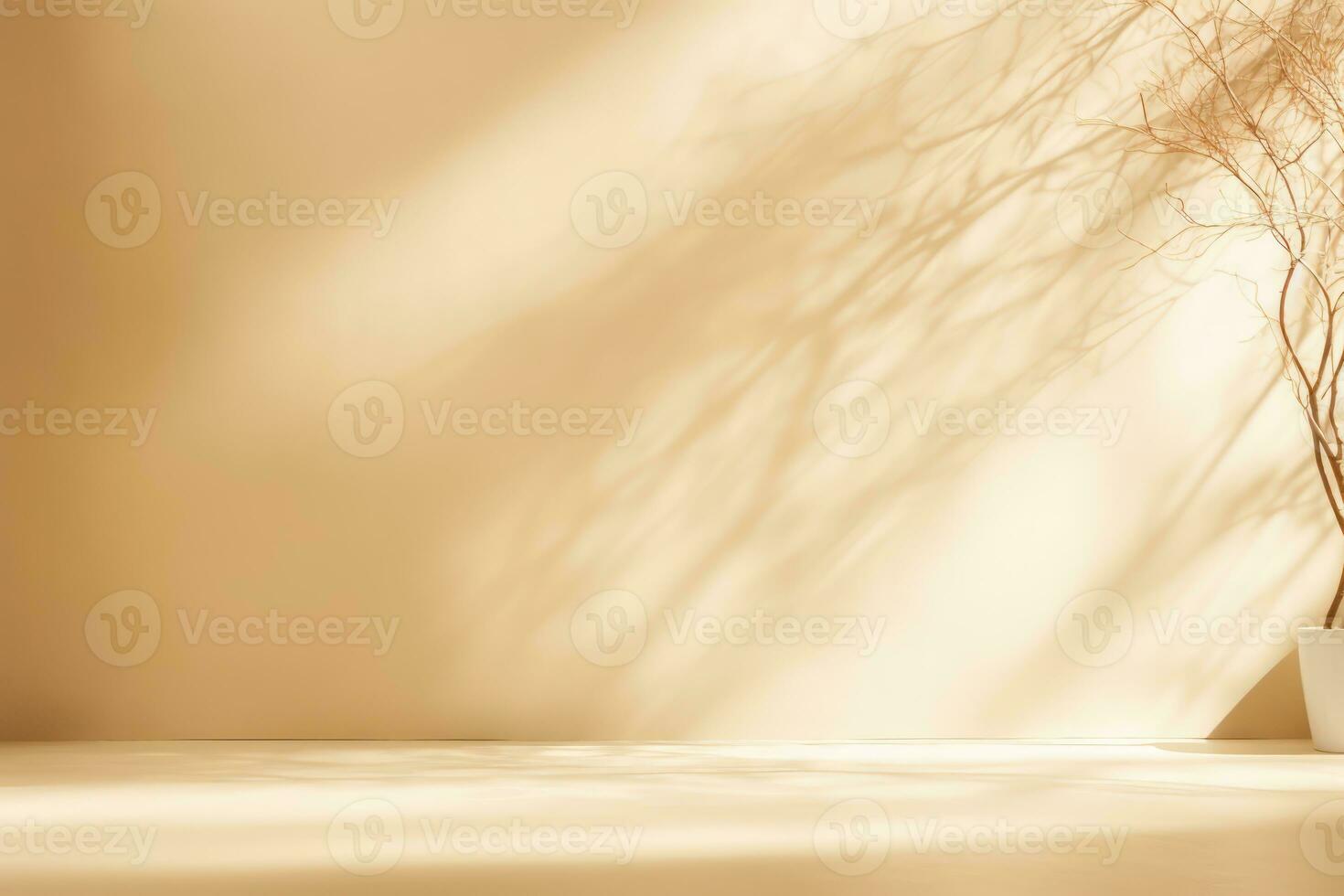 AI generated Light beige studio background with blurred shadow from tree branches on the wall. Minimalistic abstract studio background for product presentations photo