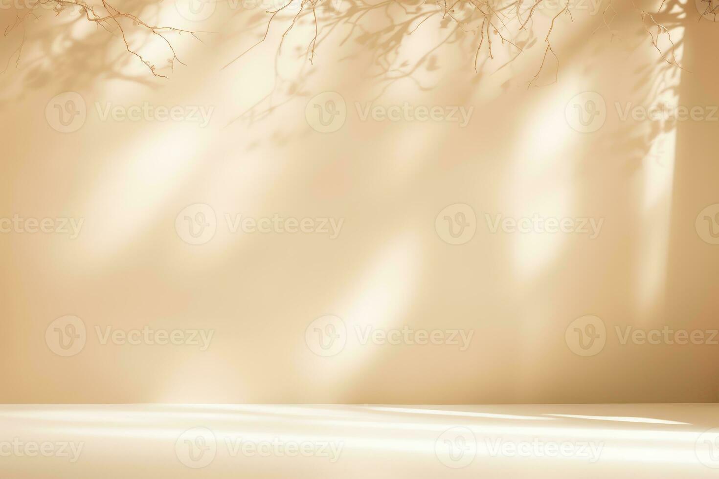 AI generated Light beige studio background with blurred shadow from tree branches on the wall. Minimalistic abstract studio background for product presentations photo