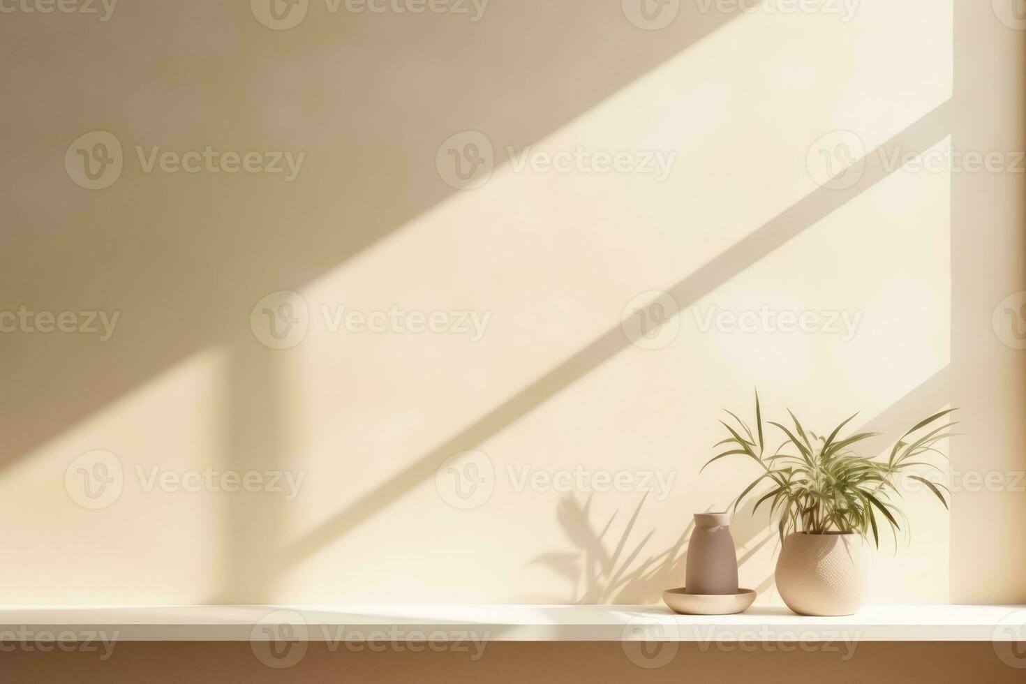 AI generated Light beige studio background with a houseplant in a vase on the floor. Rays of the sun on the wall. Minimalistic abstract studio background for product presentations photo
