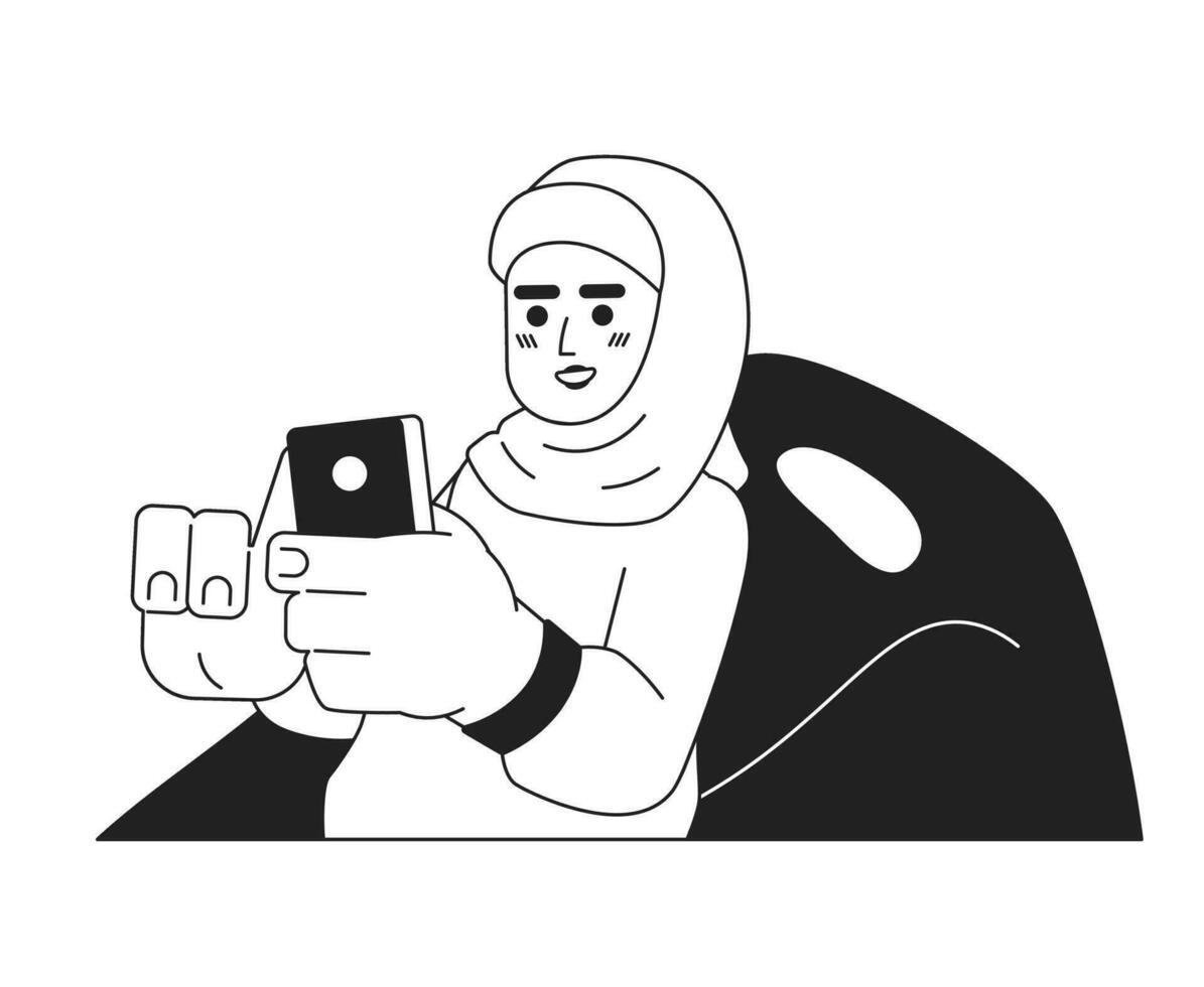 Relaxing hijab girl on beanbag chair black and white 2D cartoon character. Mobile phone using muslim young adult female isolated vector outline person. Leisure monochromatic flat spot illustration