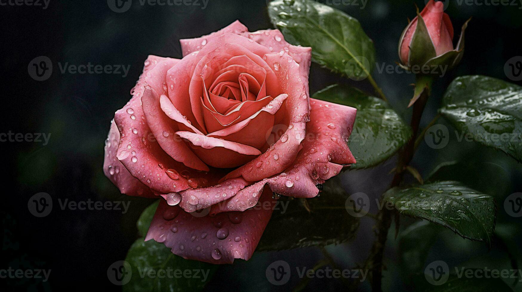 AI generated a rose is shown in the rain with leaves photo