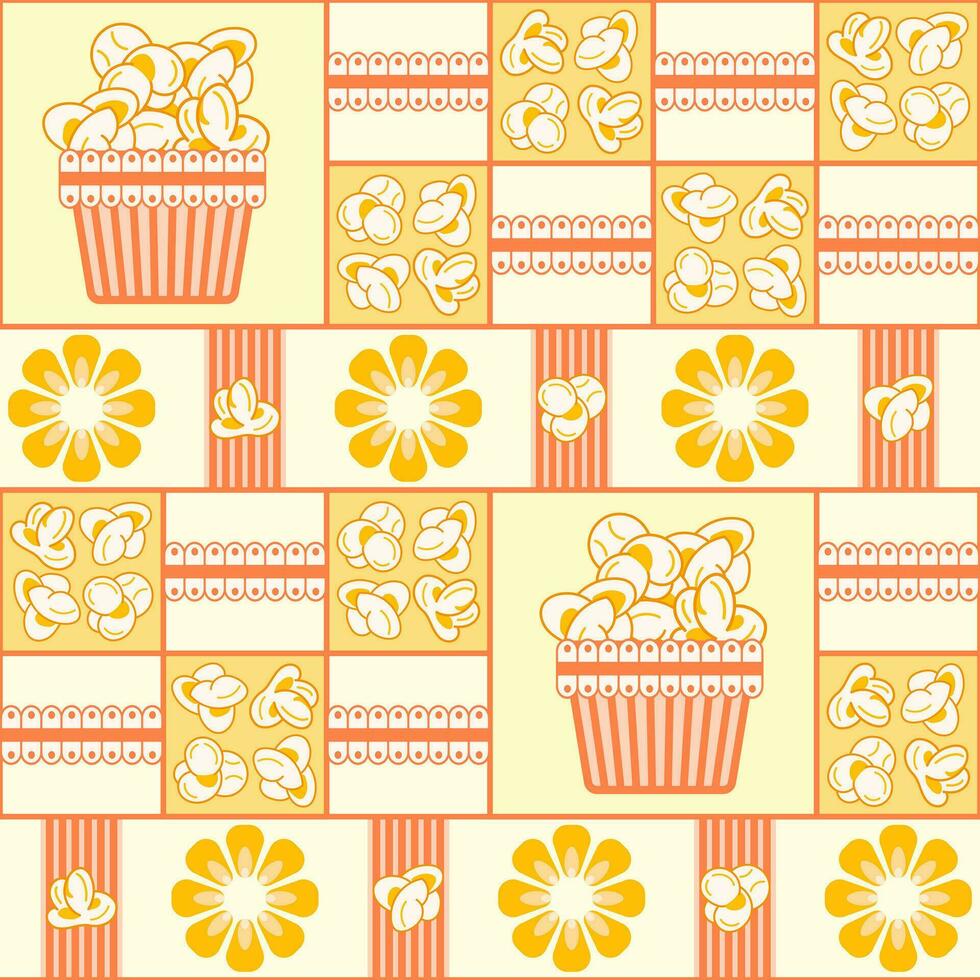 Seamless pattern with icons of popcorn, popcorn container, corn grains on square grid background. For branding, decoration of food package, decorative print vector