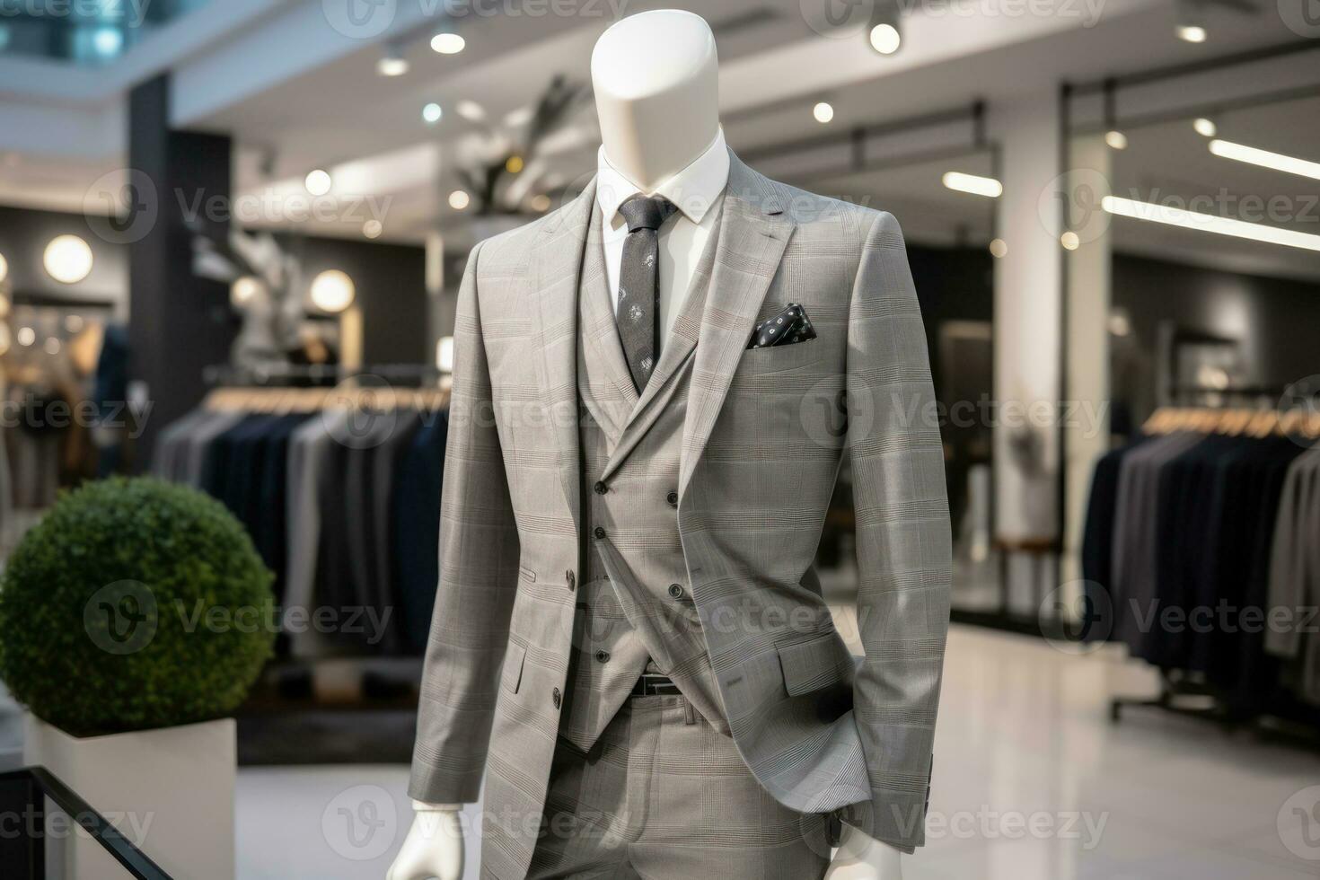 AI generated Luxury Tailoring - Showcase of a Stylish Classic Suit on a Mannequin in a High-End Fashion Store photo