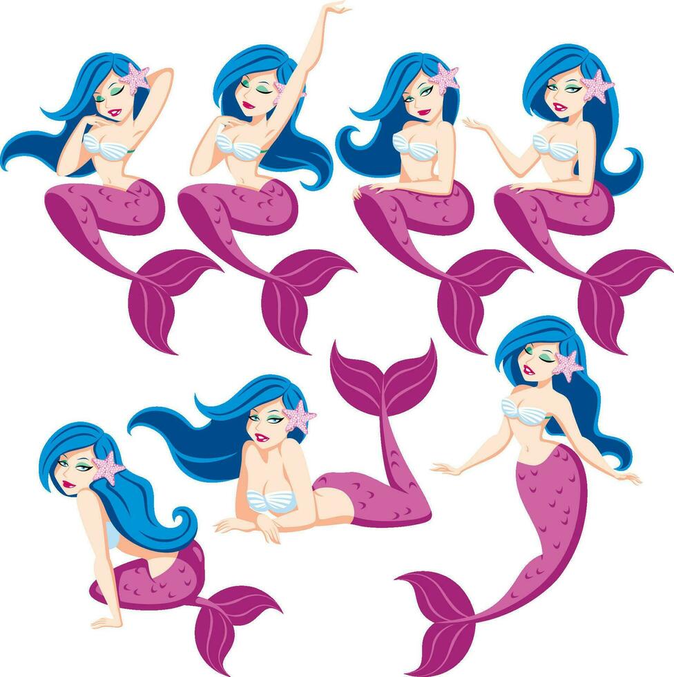 Mermaid Cartoon Set vector