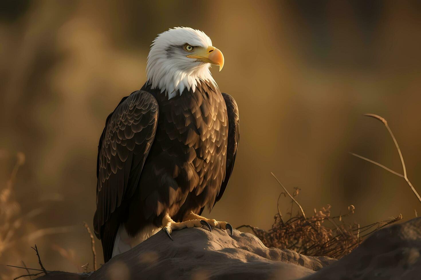 ai generado calvo águila - norte America - un símbolo de el unido estados, conocido para sus blanco cabeza y marrón cuerpo, y lata ser encontró cerca agua fuentes foto