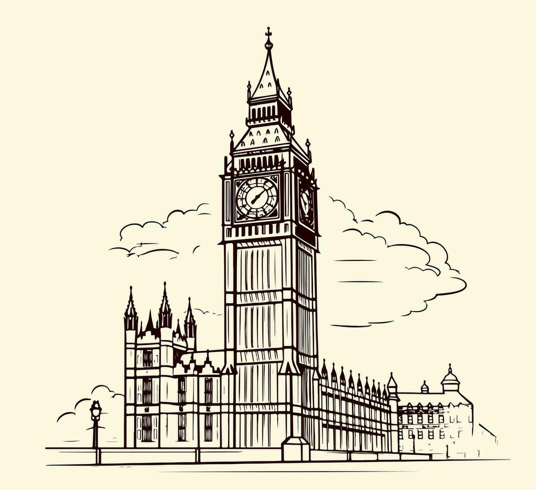 Drawing sketch illustration of Big Ben, one of the most significant landmarks of London vector