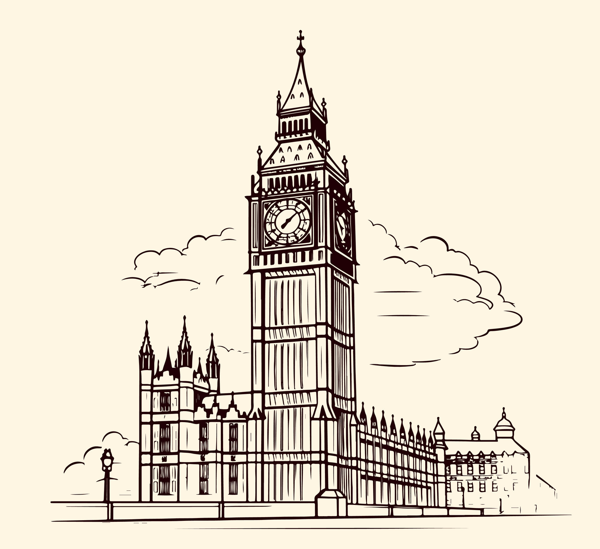 Drawing sketch illustration of Big Ben, one of the most significant