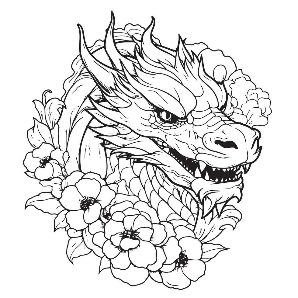 Dragon head in flowers, sketch drawn by hand. Symbol of the New Year vector