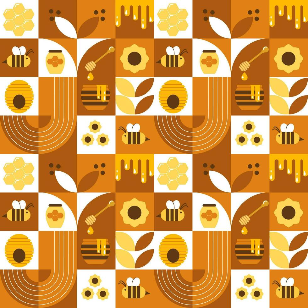 Vector seamless pattern with bees, honey, honeycombs, hive, flowers. Modern abstract Background. Bauhaus style style. Vector illustration of geometric shapes.