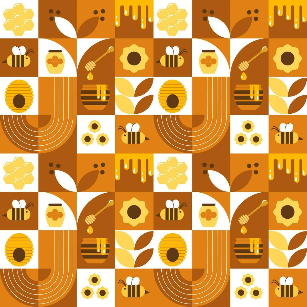 Vector seamless pattern with bees, honey, honeycombs, hive, flowers. Modern abstract Background. Bauhaus style style. Vector illustration of geometric shapes.