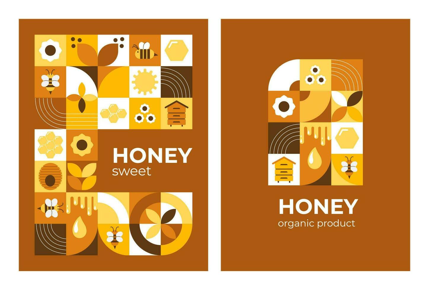 Postcard, poster with bees, honey, honeycombs, hive, flowers. Modern abstract background. Bauhaus style style. Vector illustration of geometric shapes.