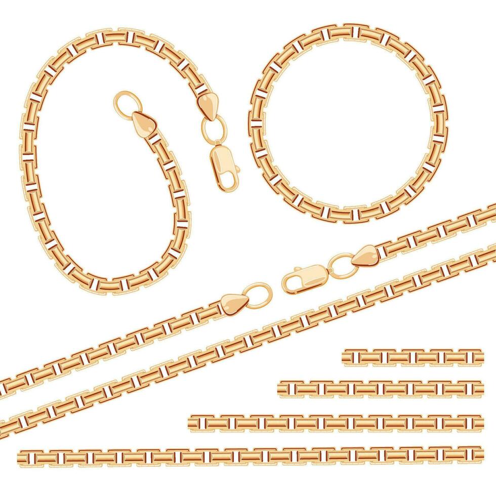 Set of gold chains. Round chain frame. Brush sets and chain clasp. Vector illustration.