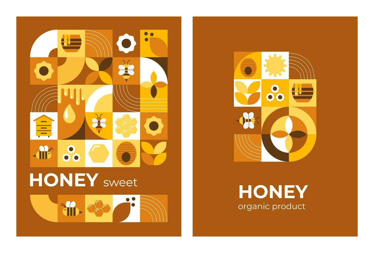 Postcard, poster with bees, honey, honeycombs, hive, flowers. Modern abstract background. Bauhaus style style. Vector illustration of geometric shapes.