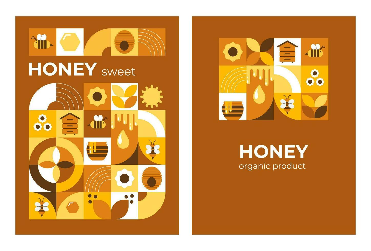 Postcard, poster with bees, honey, honeycombs, hive, flowers. Modern abstract background. Bauhaus style style. Vector illustration of geometric shapes.