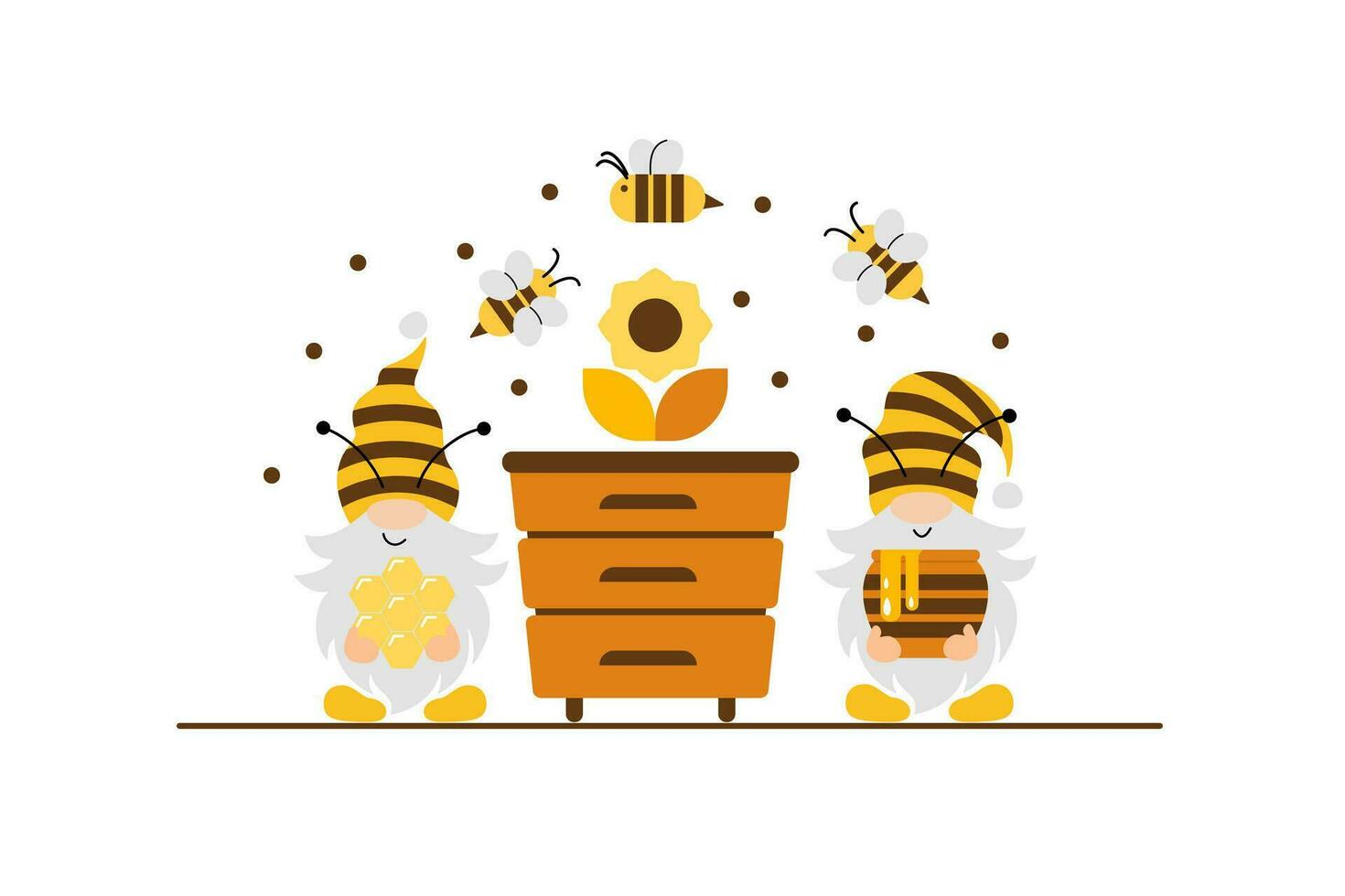 Vector illustration of bees, beehive, gnomes, honey pot, flowers.