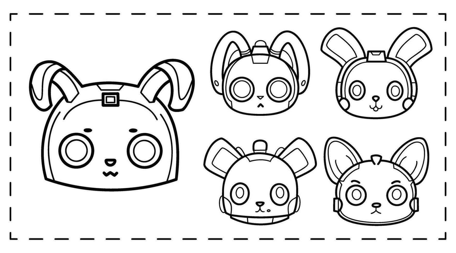 Cute rabbit robot cartoon faces, black outline isolated for coloring book, flat animal icons, vector illustration.