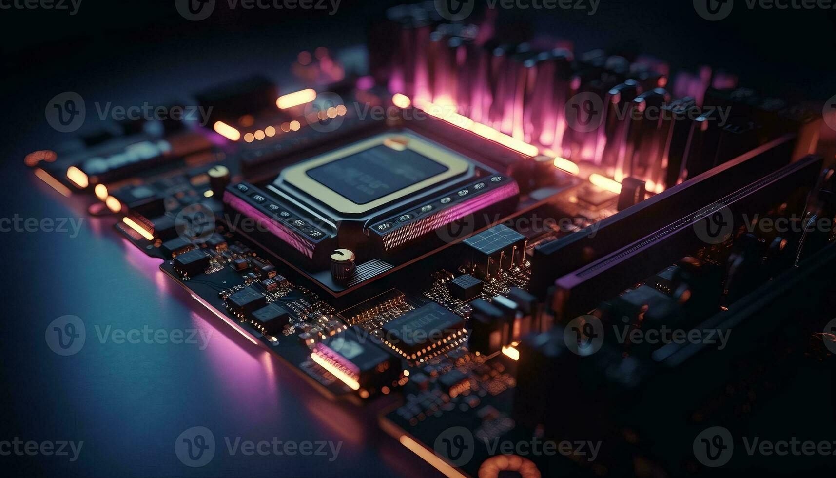 AI generated Close up view of a modern GPU card with circuit and colorful lights and details 3D rendering. Generative ai photo
