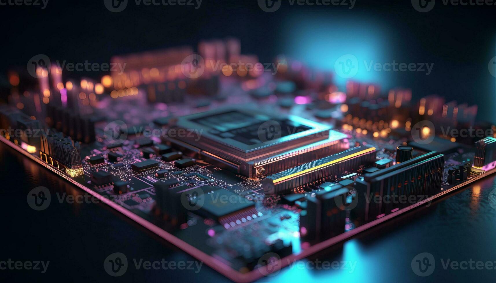 AI generated Close up view of a modern GPU card with circuit and colorful lights and details 3D rendering. Generative ai photo