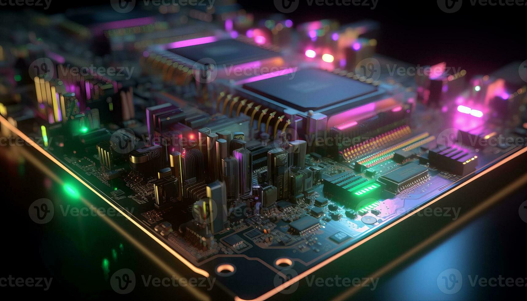AI generated Close up view of a modern GPU card with circuit and colorful lights and details 3D rendering. Generative ai photo