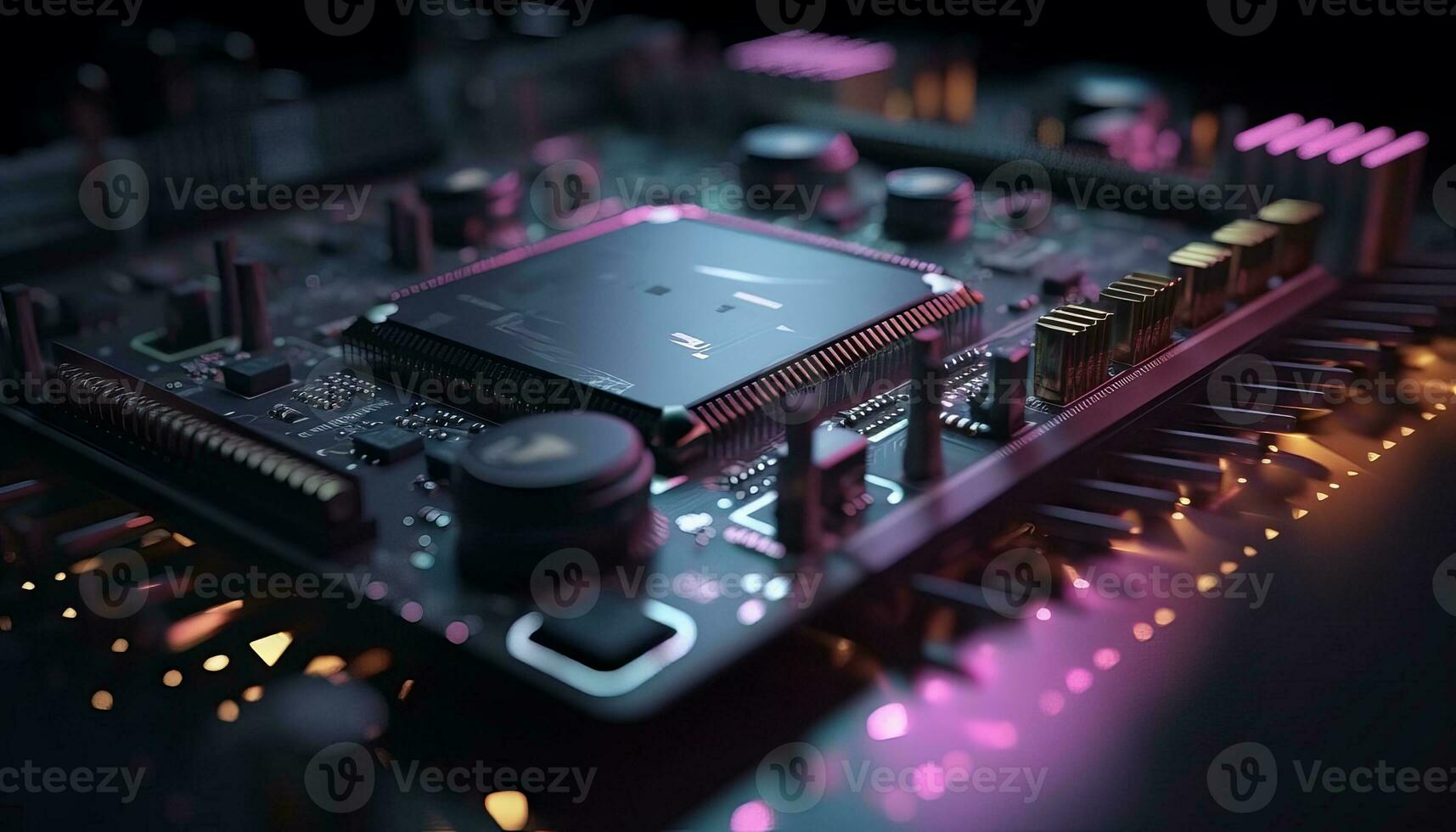 AI generated Close up view of a modern GPU card with circuit and colorful lights and details 3D rendering. Generative ai photo