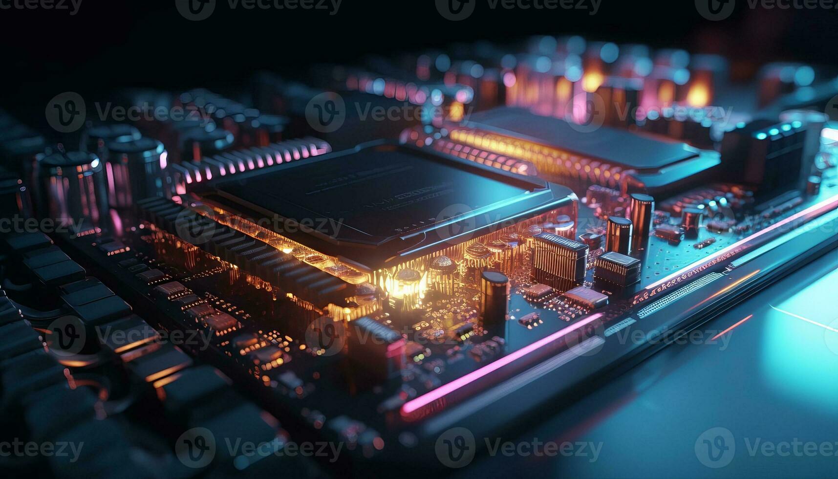 AI generated Close up view of a modern GPU card with circuit and colorful lights and details 3D rendering. Generative ai photo