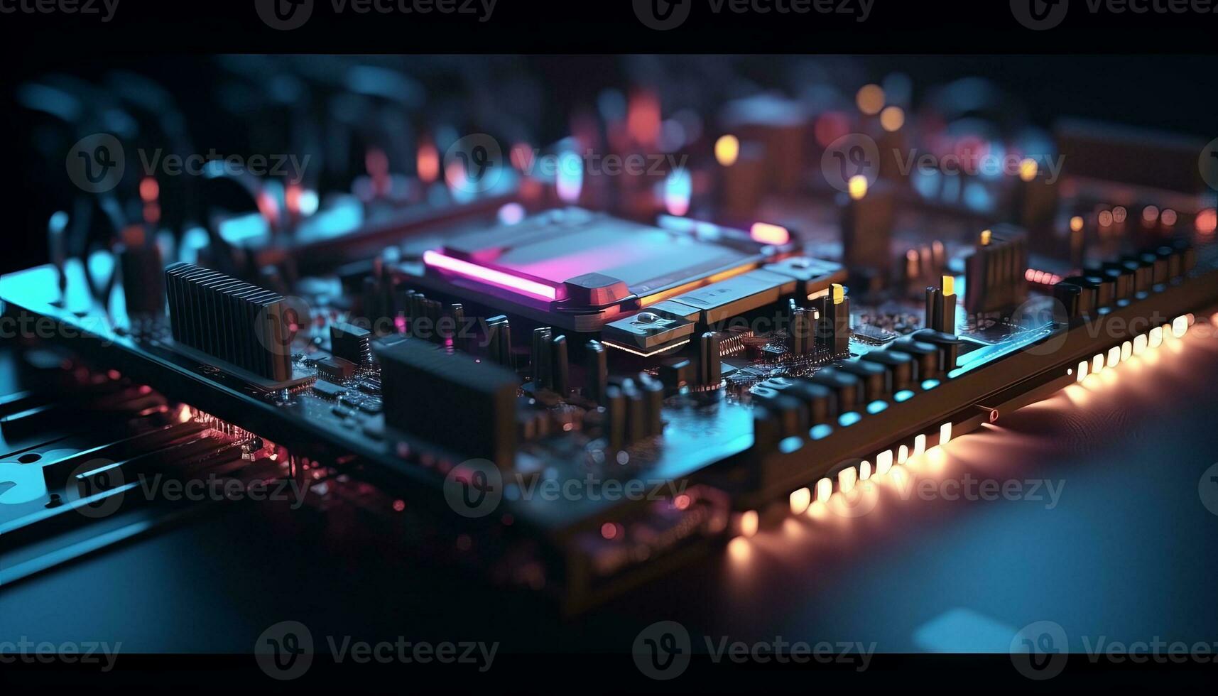 AI generated Close up view of a modern GPU card with circuit and colorful lights and details 3D rendering. Generative ai photo