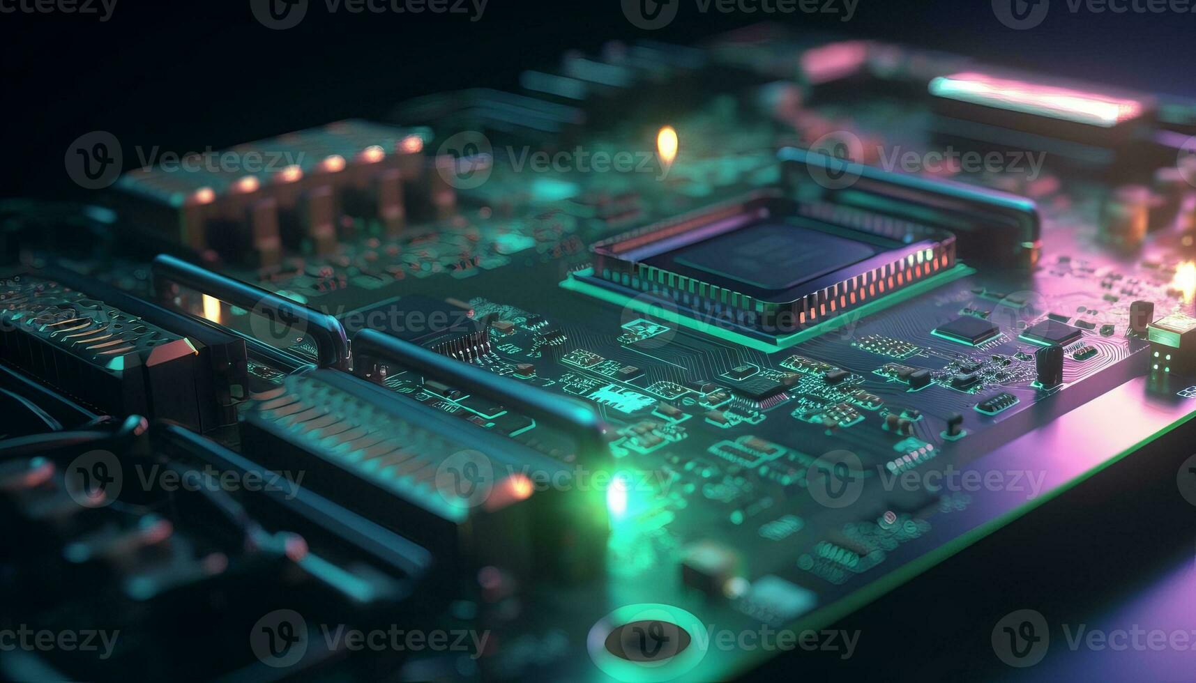 AI generated Close up view of a modern GPU card with circuit and colorful lights and details 3D rendering. Generative ai photo