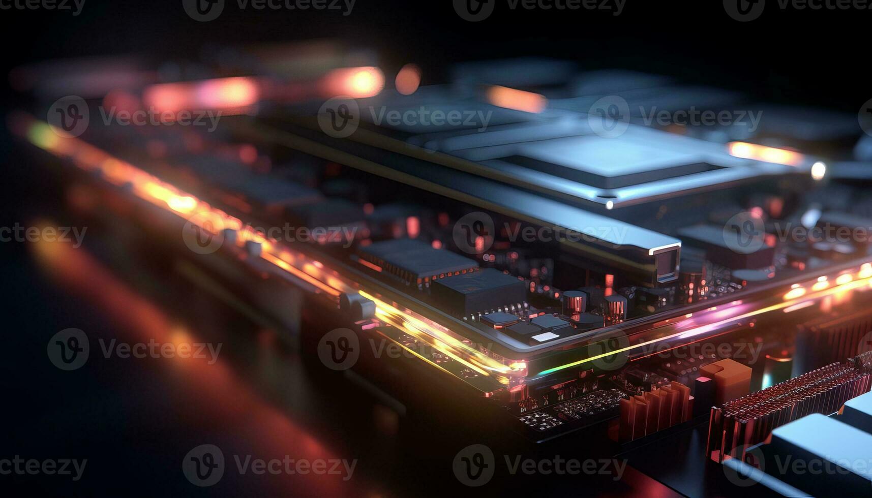 AI generated Close up view of a modern GPU card with circuit and colorful lights and details 3D rendering. Generative ai photo
